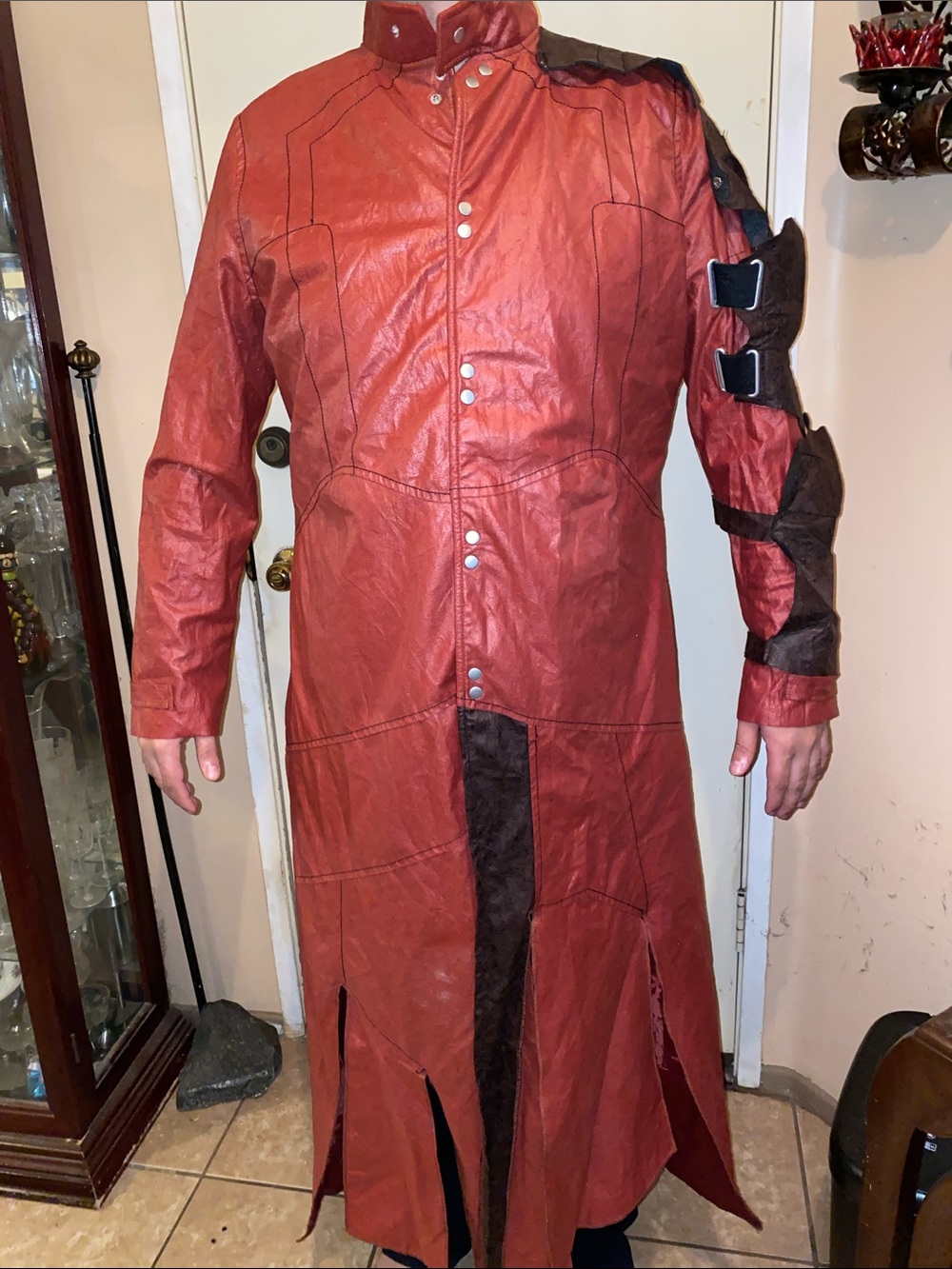 Marvel Large Star Lord Red Trench Coat with Brown Accent - Model is 5’11 Tall - Picture 6 of 8